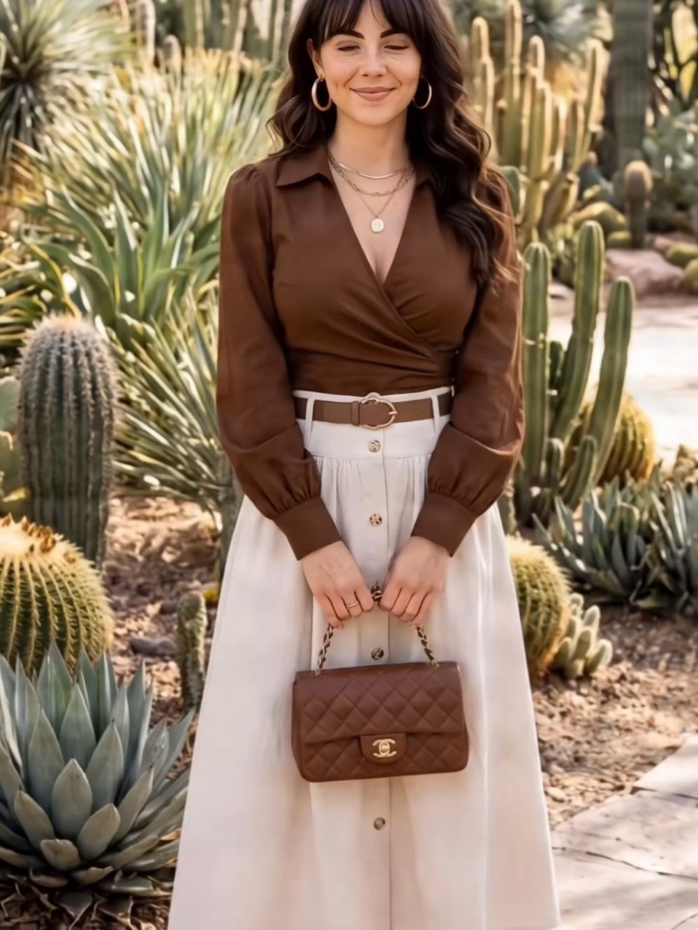 Classic Brown Maxi Skirt — Elegant Button-Front Feminine Style XL